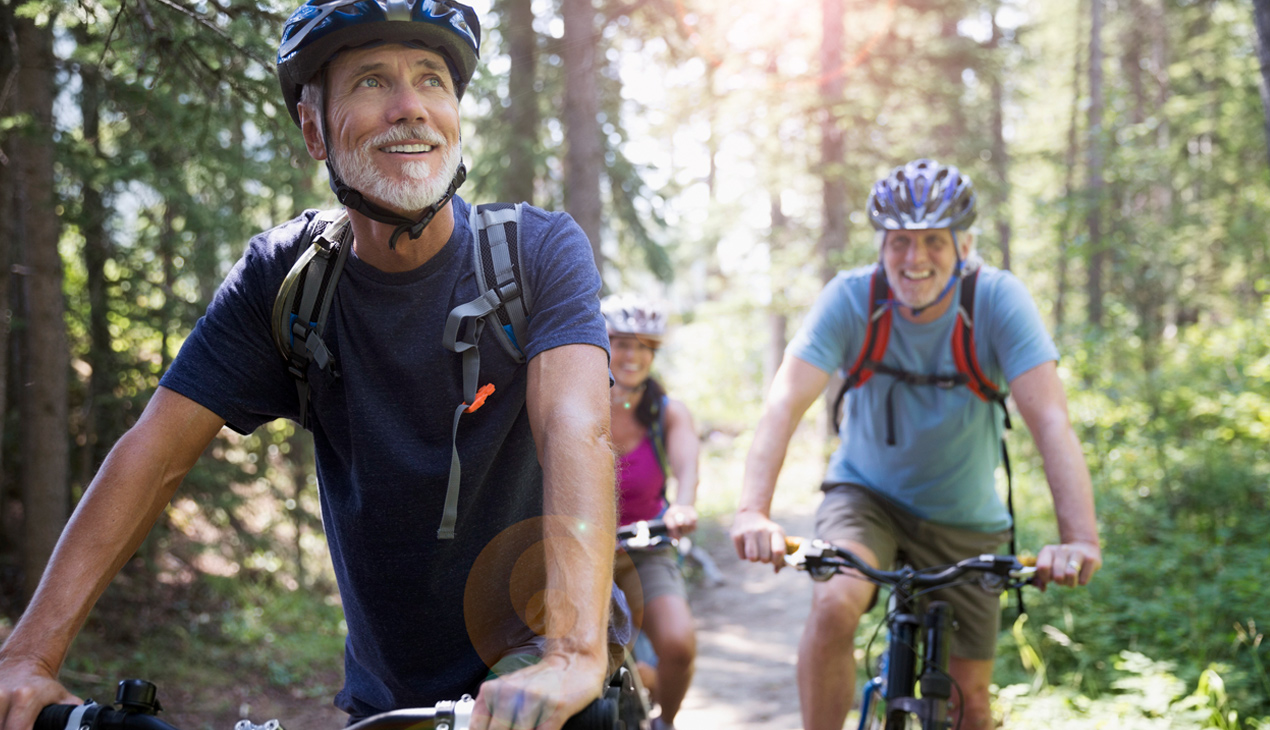 Group of people riding bicycles in woods