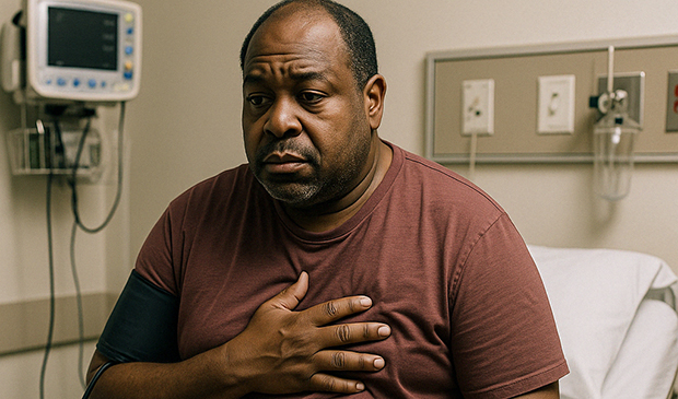 Man in doctor's office holding his chest